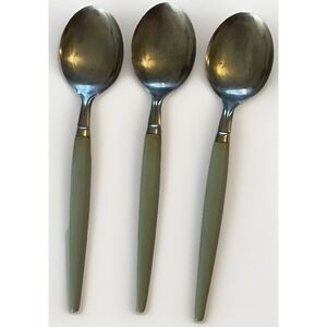 Vintage Castle Stainless Flatware Green Handle MCM 3 Teaspoons